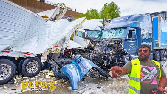3 Semi-Trucks Collide With Car on Freeway